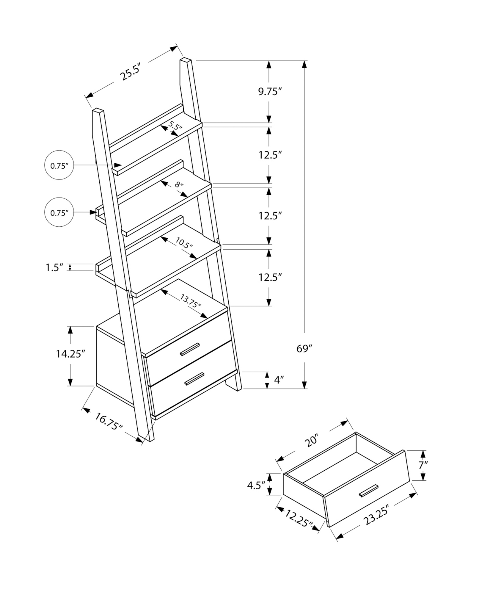 BOOKCASE - 69"H / WHITE LADDER WITH 2 STORAGE DRAWERS
